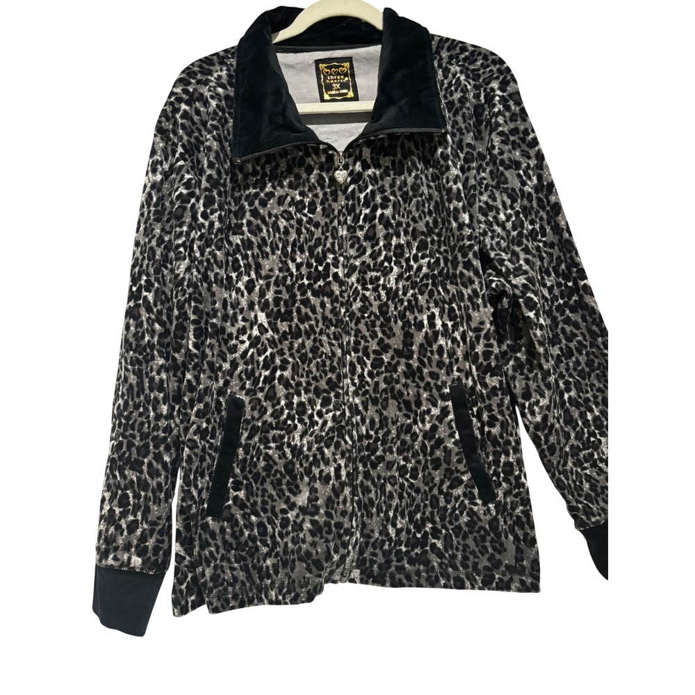 Three Hearts Womens 3X Leopard Print Velour Zip Up Jacket Heart charm athleisure